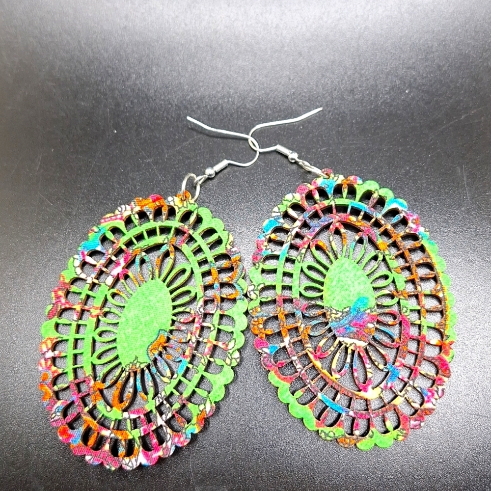 Green mandala earrings wood carved hollowed out oval shape fabric earrings